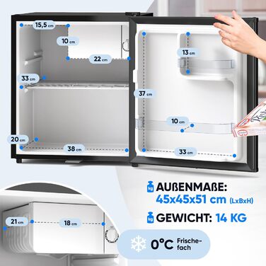 Міні-холодильник Stillstern E 45L з автоматичною відтавкою, замком, морозильною камерою, тихий, для кухні, офісу, спальні, готелів та маленьких квартир. Холодильник, міні-бар, R600A, чорний