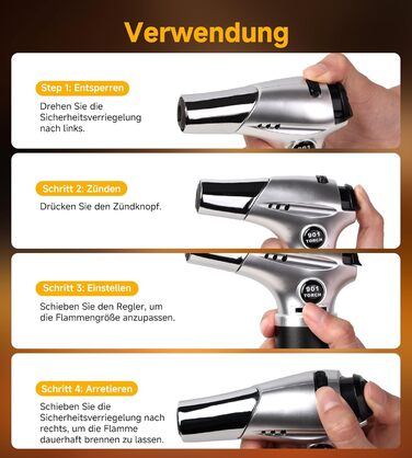 Кулінарний пальник Ankway для карамелізації та фламбування, газовий пальник для Крем-брюле з замком безпеки, регульований, сріблястий (бутан не входить)