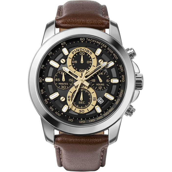 Чоловічий годинник PINDOWS: аналоговий хронограф з кварцовим механізмом, водонепроникний, для бізнесу та відпочинку. Чорний/коричневий ремінець з шкіри, золотий циферблат, сріблястий корпус.