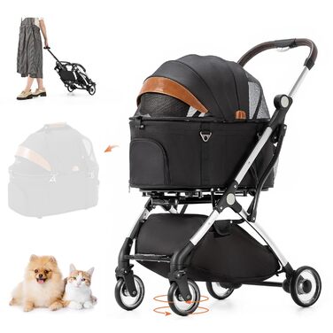 Візок для собак 3 в 1, до 15 кг, чорний. Розкладний візок для собак та котів з сумкою-переноскою та дощовиком. Підходить для маленьких та середніх порід.