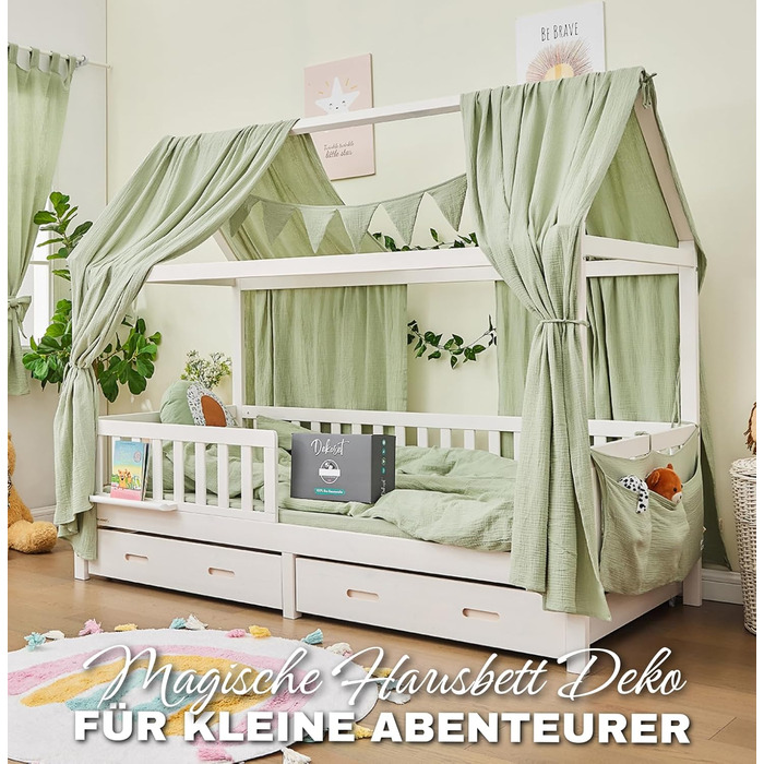 ALAVYA HOME® 3-Piece House Bed Decor Set with 2 Canopy Curtains | 1 Wimpelkette (300cm long) for Children's Bed, Kids' Room | 100% Organic Muslin Cotton | GOTS Certified | 125 x 350 cm | Khaki 125 x 350 cm Khaki