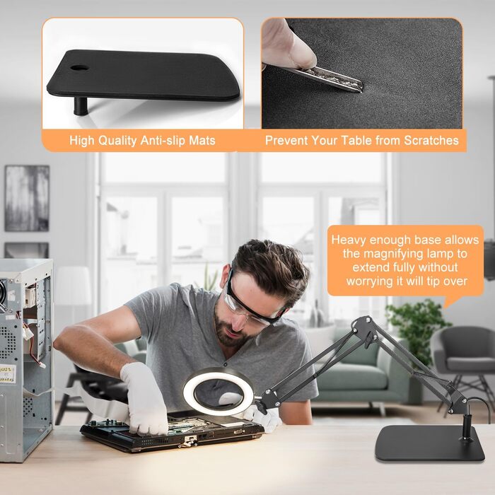Лупа Jubor 2-в-1 з підсвічуванням та підставкою, 15x/10x, LED, з кріпленням та основою, настільна лампа, 3 режими, регулювання яскравості, для хобі, ремонту, DIY, чорна