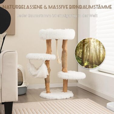 Дерев'яна кігтеточка SOARS для котів з 3-ма природними стовбурами, ліжко та плюшеві поверхні, з іграшковим м'ячиком та джутовим мотузком, багатоярусна, 59 x 49 x 110 см, білий колір