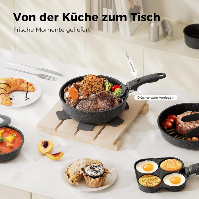 Набір каструль YASHE 20 предметів з антипригарним покриттям, знімні ручки, для індукційних плит, сумісний з духовкою до 230°C, можна мити в посудомийній машині, стійкий, ідеальний для сімей, сірий