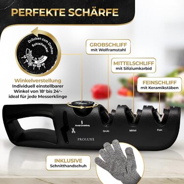 Точилка для ножів Proluxe® Profi з кутовою направляючою та точилка для ножиць – з захисними рукавичками. 4-ступенева ручна точилка для кухонних ножів, ножів дамаск та ножиць – алмазний точильний пристрій