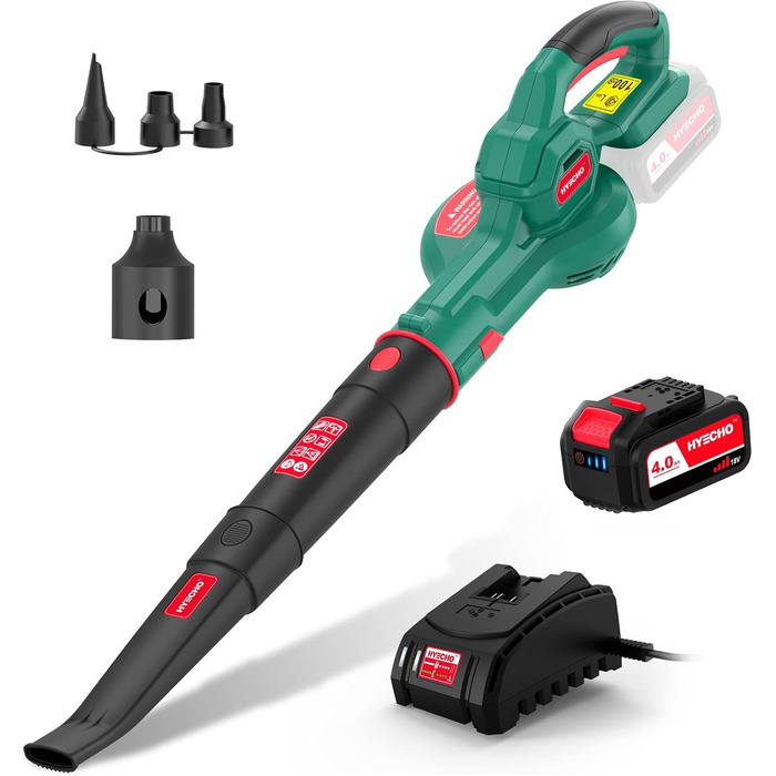 HYECHO Leaf Blower, 223 km/h Leaf Blower Battery 18V 4000mAh, with 3 inflation nozzles, Ergonomic, Operating weight 1.93Kg for cleaning leaves, removing dust
