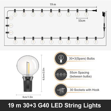 LED-гірлянда для зовнішнього використання, 19 м, з 30+3 лампочками G40, IP44, для декору саду, вечірок, балкону