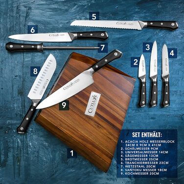 Набір ножів CUTLUXE Artisan Serie 8 предметів з бруском: кухарський ніж, сантoku, ніж для м'яса та інші. Виготовлено з високоякісної вуглецевої сталі, повнорозмірний клинок, блок з натурального акації.
