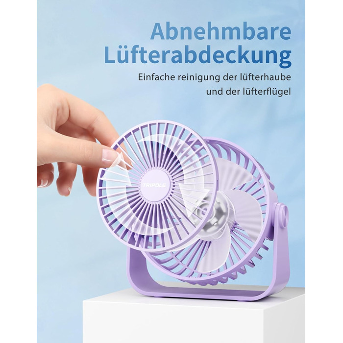 USB-настільний вентилятор TriPole: 3 швидкості, регульований, сильний потік повітря, 360° оберт, кабель 1,5 м, портативний міні-вентилятор (фіолетовий)