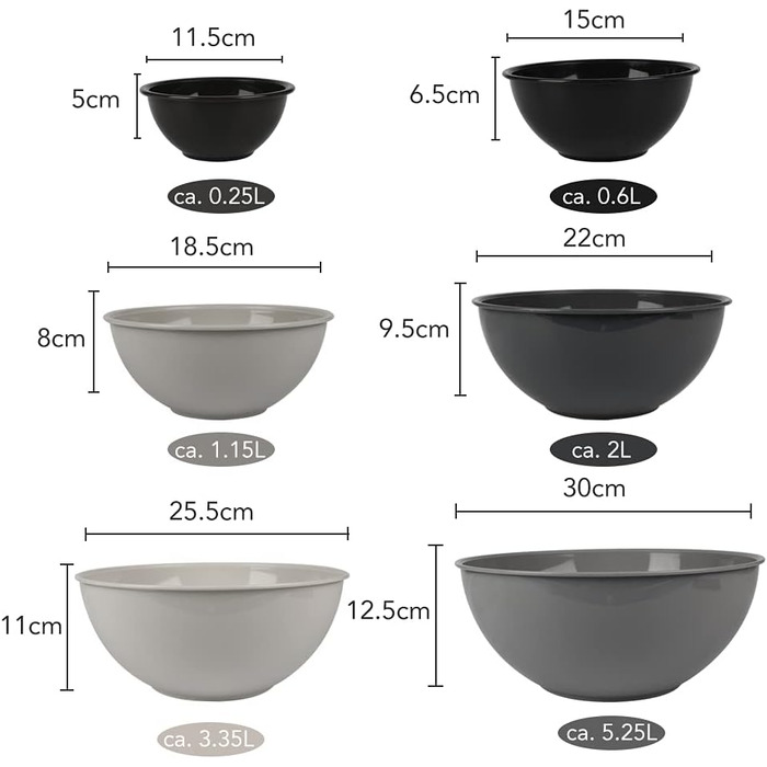 Набір місок для перемішування BoxedHome з кришками, 12 штук. Пластикові салатники з неслизьким дном, набір для кухні (6 місок та 6 кришок, сірий градієнт)