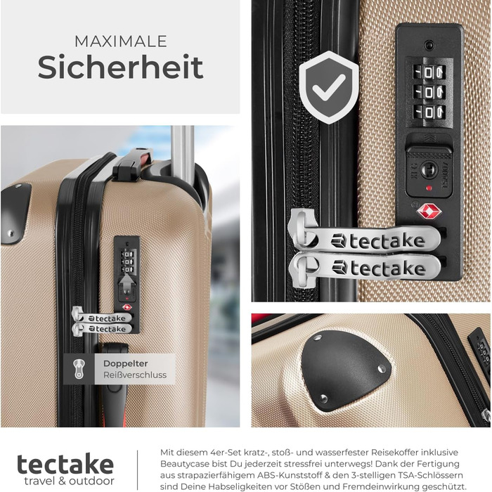 Набір валіз Tectake® 4 шт. з відстібними колесами 360°, жорсткий корпус з TSA замком, велика валіза з роздільником, ручна валіза, телескопічна ручка - колір шампань | 403411