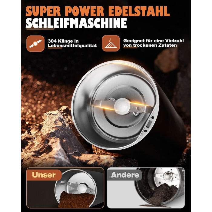 Електрична кавомолка 80г, потужний 350W двигун для кави та спецій, з регулюванням помелу, портативна, з щіткою для чищення, нержавіюча сталь, чорний