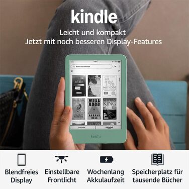 Amazon Kindle (останнє покоління) – найлегший та компактний ридер з екраном без відблисків, швидким перегортанням сторінок та регульованою підсвіткою – 16 ГБ – без реклами – колір matchagrün
