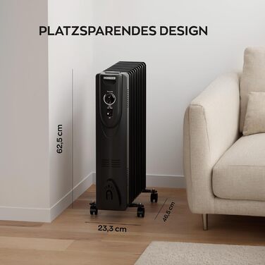 Електричний масляний радіатор Heinrich з 13 ребрами, 2500W, з вентилятором, терморегулятором, захистом від перегріву та нахилу, чорний