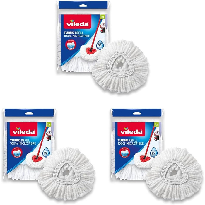 Vileda Turbo Easy Wring & Clean Classic Replacement Mop Head, suitable for Spin Mop Floor Cleaners, for all hard floors, removes over 99% of bacteria with just water*, 3-pack