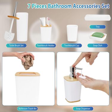 Набір аксесуарів для ванної кімнати з бамбука, 7 предметів: сміттєвий бак, дозатор мила, стакан для ополіскування, мильниця, тримач для зубних щіток, тримач для унітазу, піднос для косметики