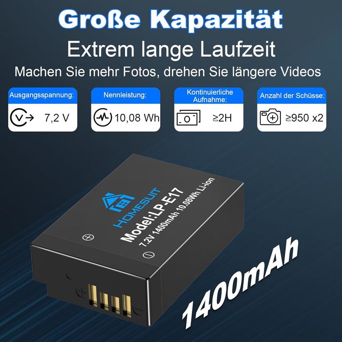 Акумулятор LP-E17 1300mAh та зарядний пристрій LED Dual USB для Canon Rebel SL3, SL2, T8i, T7i, T6i, T6s, EOS R10, R50, R8, RP, M3, M5, M6, 200D, 77D, 750D, 760D, 800D, 8000D (2 шт. акумулятори & 1 зарядний пристрій)
