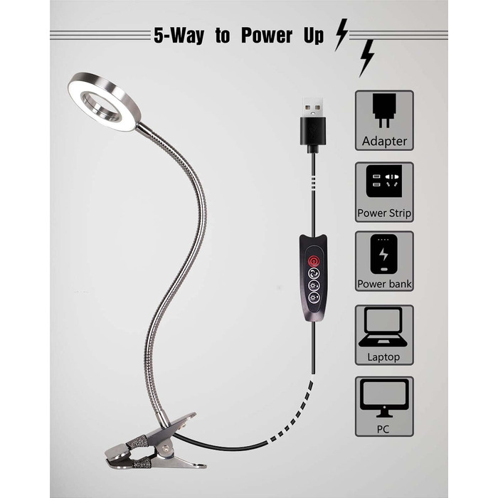 LED лампа для читання з кліпсою, диммер, 3 режими, 10 рівнів яскравості, срібляста, 8W