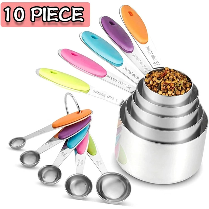 5/10Pcs Stainless Steel Measuring Set, Stackable Measuring Cups and Spoons Set for Kitchen, Tea, Coffee, Baking, Measuring Tool (5Pcs Cup Set)
