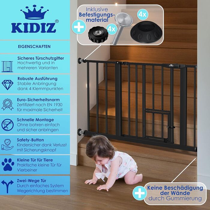 Захисне ворота KIDIZ для котів з люком, захист для дверей, ворота на сходи для дітей без свердління | Зупинка 90°, поворотні, білий колір, ширина (88-101 см)