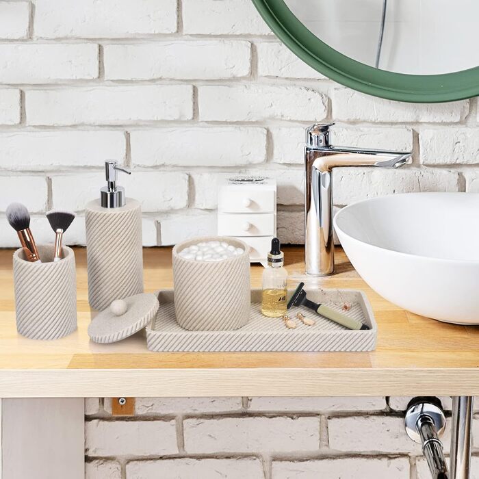 Bathroom Accessory Set, 4-Piece, Lotion Soap Dispenser, Toothbrush Holder, Qtip Holder, Vanity Tray for Decoration, Bathroom, Countertop, Vanity Organizer, Beige
