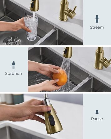 Кран кухонний FORIOUS з висувною лійкою, 360° обертання, 2 режими, шліфоване золото