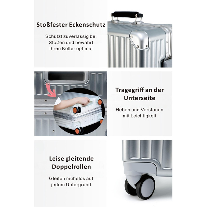 Чемодан ручної поклажі Yuweijie: міцний алюмінієвий каркас, 4 колеса, TSA-замок, срібний з коричневою шкіряною ручкою, S-58см