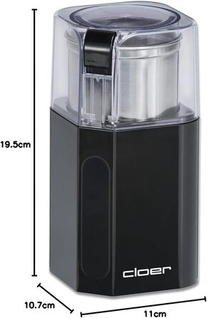 Cloer 7580 Electric Coffee and Spice Grinder, 200 W, for Pesto, Nuts and Grains, up to 70 g Coffee Beans, Removable Stainless Steel Container, Black