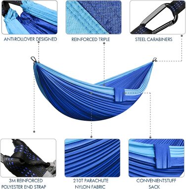 Гамак для відпочинку на відкритому повітрі, кемпінгу, 2 особи, 300 x 200 см, ультралегкий, портативний, для подорожей, вантажопідйомність до 300 кг, сапфірово-блакитний, нейлон, дихаючий