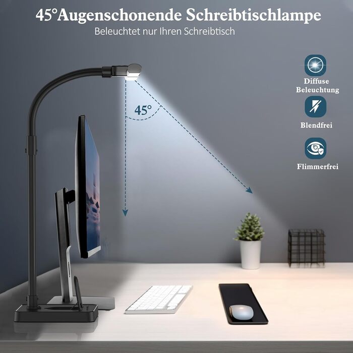 LED настільна лампа Doppelkopf з регулюванням яскравості, 24W, 80см, велика та яскрава, захист очей, чорний колір, гнусий шийка, 25 режимів освітлення, для офісу та дому