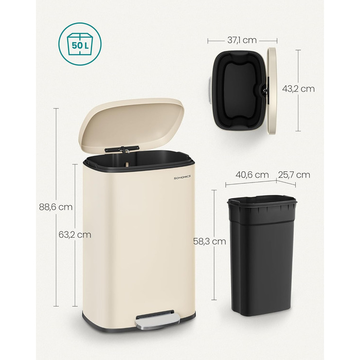 Відро для сміття SONGMICS 50 л з педаллю, нержавіюча сталь, з м'яким закриттям, для кухні (пісочний беж)