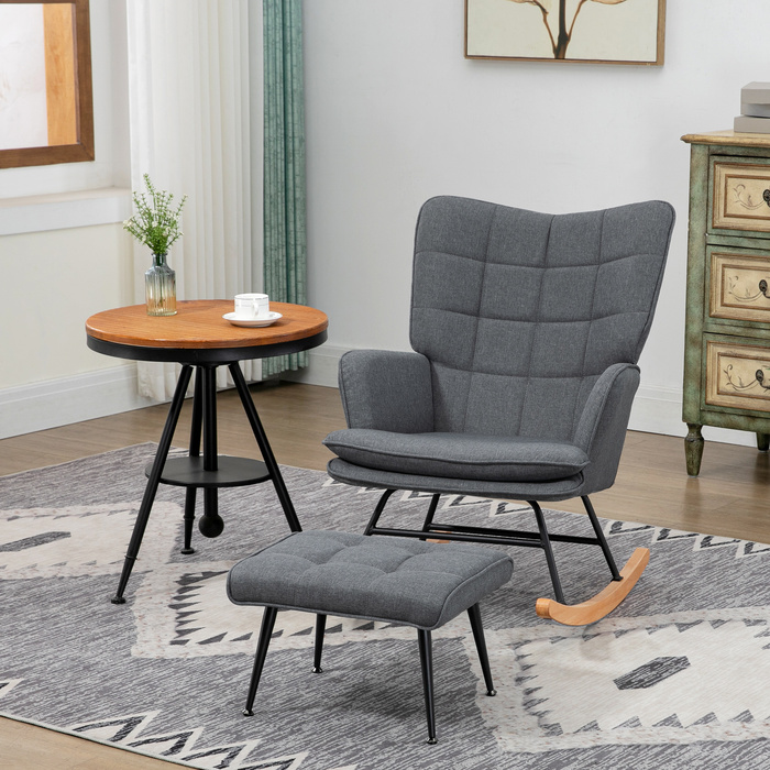 HOMCOM Rocking Chair up to 130 kg, Swivel Chair with Ottoman, Armchair, Quiet Chair, Linen-look Rocking Chair for Living Room & Bedroom