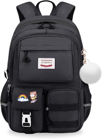 Шкільний рюкзак Tanou для дівчаток-підлітків, 9-16 років. Великий, водонепроникний, з брелоком (чорний)