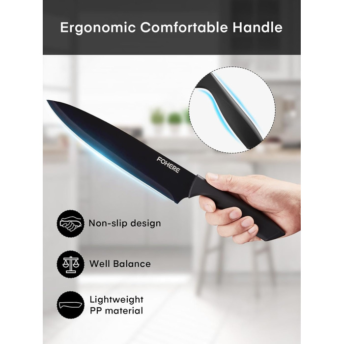 FOHERE 13-Piece Stainless Steel Knife Set with Block & Sharpener - Ergonomic Black Granite Handles