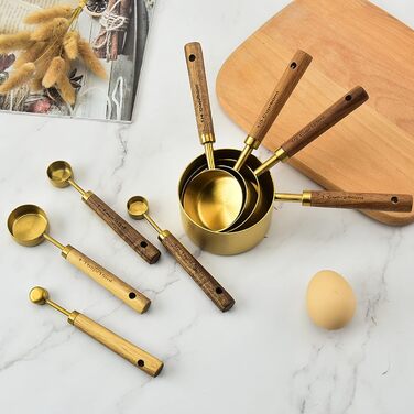 KOSDFOGE 8-Piece Stainless Steel Measuring Cup Set with Wooden Handle, Bartending Scale, Measuring Spoons, Baking Tool