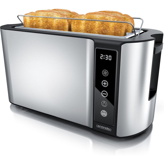 Arendo - Stainless Steel 4-Slice Long Slot Toaster - Touchscreen – Double-Walled Housing – 1500 W – Integrated Bagel Attachment – 7 Browning Levels – Bread Centering – Remaining Time Display – Memory Function C: Steelsilver