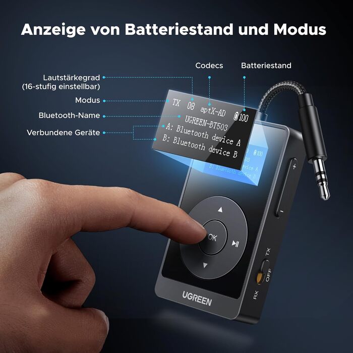 Bluetooth адаптер 2-в-1 UGREEN aptX: трансмітер та ресивер, версія 5.3