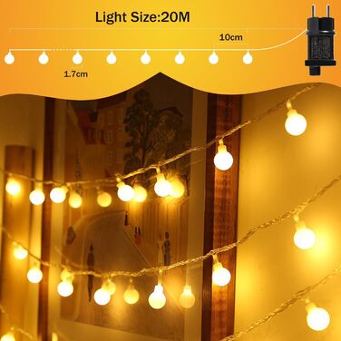 LED гірлянда на батарейках, 20м, 150 LED кульки, гірлянда з вилкою для внутрішнього та зовнішнього використання, 8 режимів світіння, IP45 вологостійка, ідеальна для Різдва, весілля, вечірки, саду, тепле біле світло