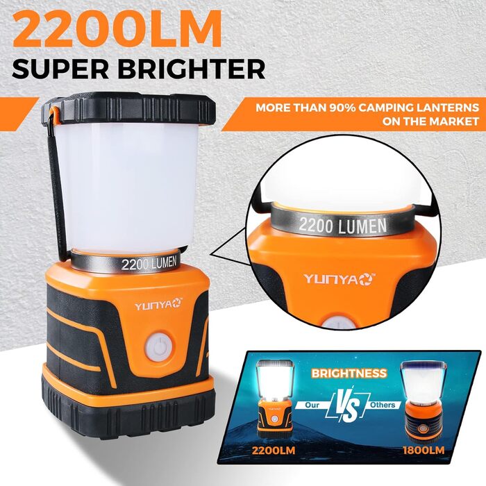LED Camping Lantern, Rechargeable, 2200 lm, 4 Light Modes, 4400 mAh Power Bank, IP44 Waterproof, Camping Light, Portable Flashlight for Storm, Emergency, Home, USB Cable Included