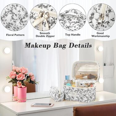 Набір косметичок 3 шт. з квітковим принтом, для жінок та дівчат | Косметичка для подорожей та повсякденного використання | Білий, чорний, квіти