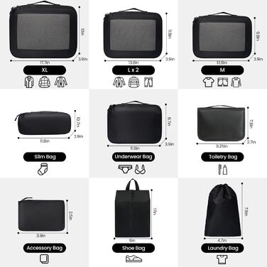 Органайзери для валізи Prezon - набір 8 шт., легкі, чорні