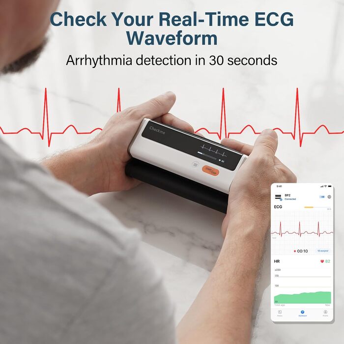 Тонометр на плече CheckMe Armfit Plus Bluetooth з ЕКГ, аналіз ЕКГ-звіту, вимірювання тиску за 30 секунд, частоти серця, підтримка кількох користувачів, сумісний з Android/iOS BP2
