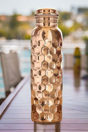 Copper water bottle with diamond cut design, leak-proof, Ayurvedic drinking vessel, copper flask for sports, gym, outdoor activities, yoga