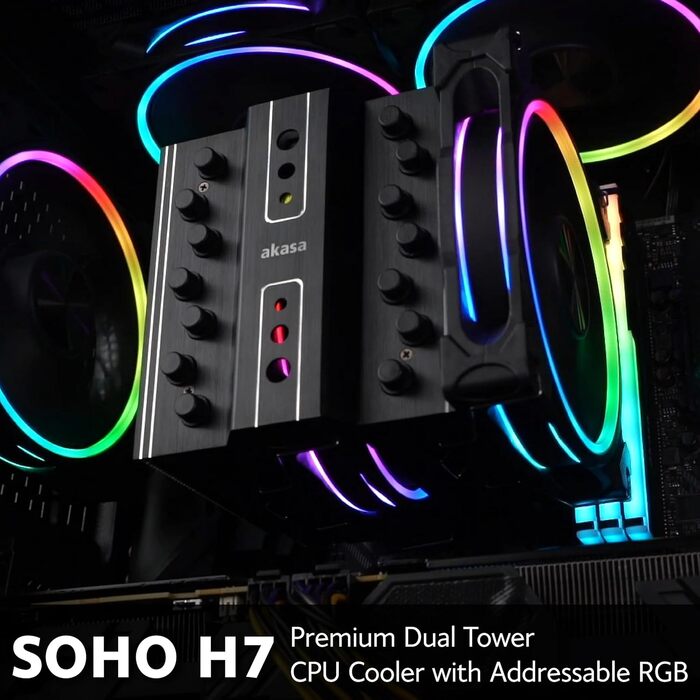 Akasa SOHO H4 Plus: Охолоджувач CPU з RGB підсвічуванням, 120мм вентилятор, мідні теплові трубки, 185W TDP, термопаста, чорний колір, підтримка Intel LGA 1851/20XX/1700/1200/115X та AMD AM4/AM5 Ryzen