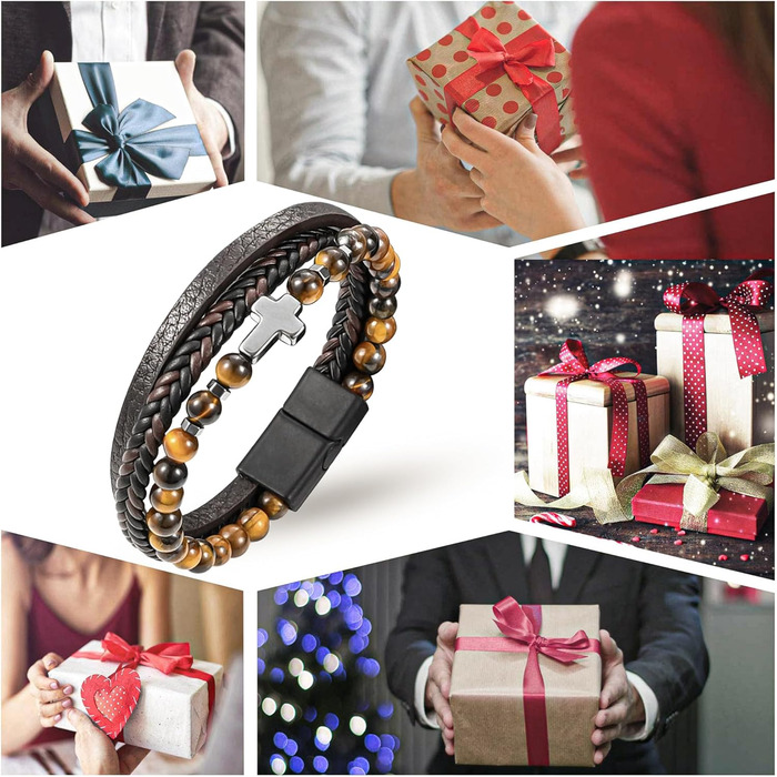 Чоловічий браслет з шкіри, розарій, хрест, чорний/коричневий. Аксесуар для чоловіків та хлопців