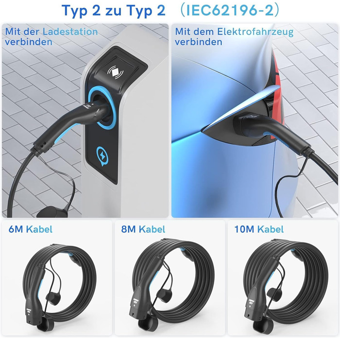 Кабель для зарядки електромобілів Тип 2, 16A, 3 фази, 11 кВт з сумкою, 8м. Сумісний з усіма електромобілями (22 кВт, 32A)