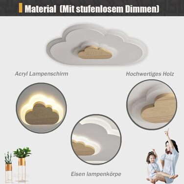 LED Ceiling Light Bedroom Children's Room Lamp Ceiling Lamp Ceiling Light for Children Cloud Ceiling Light Wood Stepless Dimming with Remote Control With Night Light Function, 40cm