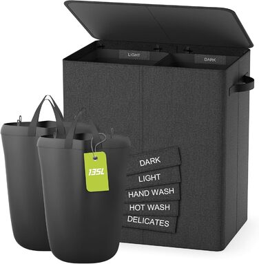 Laundry Basket with Lid, 135L Extra Large Laundry Basket with 2 Compartments, Dirty Clothes Hampers for Laundry, Laundry Collector with 2 Divided Compartments, Laundry Basket Organizer for Bedroom, Dark Gray