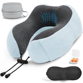 Подушка для шиї в літак, доросла, Memory Foam, регульована, компактна, з навушниками, маскою для сну, коробкою для зберігання (Блакитна)