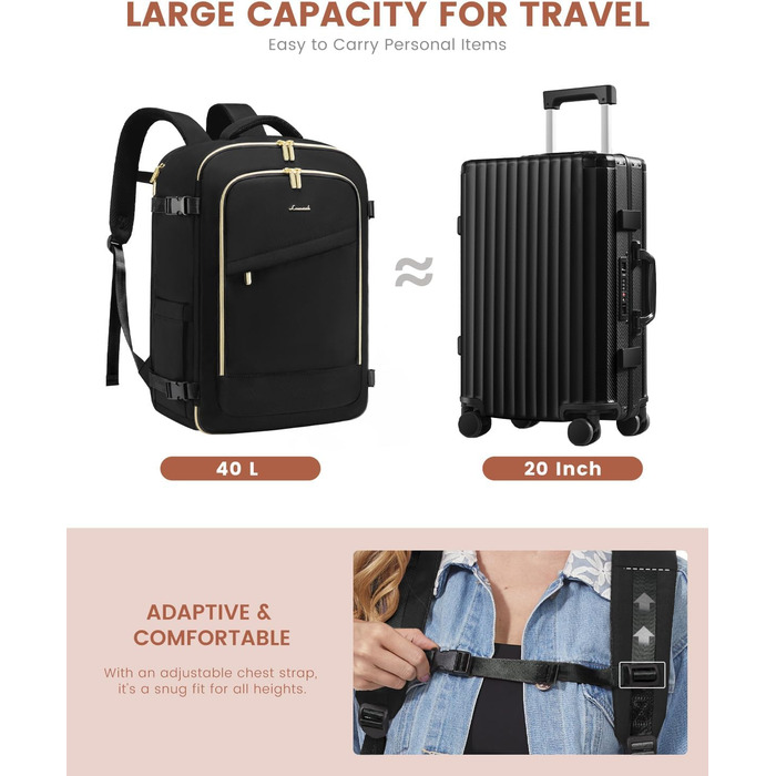 Рюкзак LOVEVOOK для ручної поклажі в літак, 40L, водонепроникний, з відділенням для взуття, для ноутбука 17.3 дюймів, чорний
